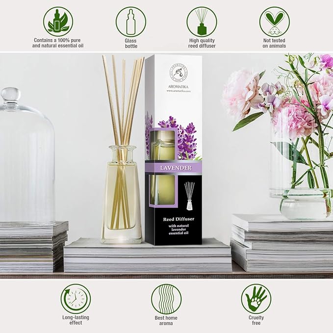 Reed Diffuser with Natural Essential Oil Lavender 3.4 Fl Oz - Lavanda Diffuser - Scented Reed Diffuser - Gift Set w/Bamboo Sticks - Best for Aromatherapy - Home - Office - Fitness