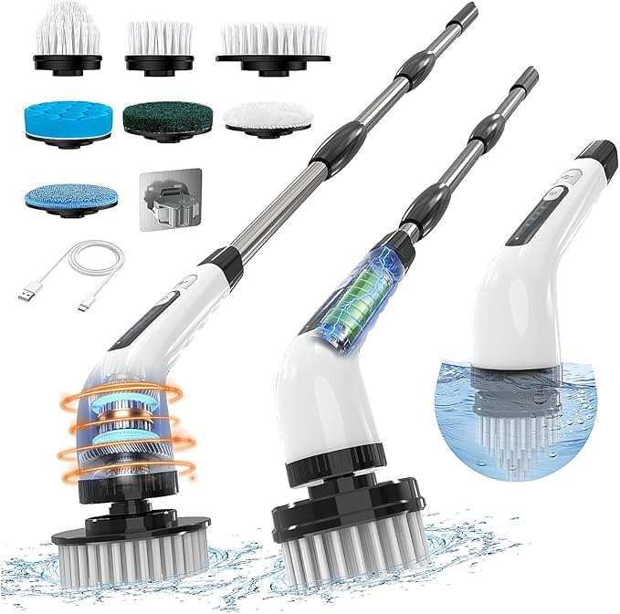 Electric Spin Scrubber, Cordless Cleaning Brush, Shower Scrubber with 7 Replaceable Brush, 2 Speeds and Adjustable Extension Handle for Bathroom Shower Bathtub Glass Car(White)
