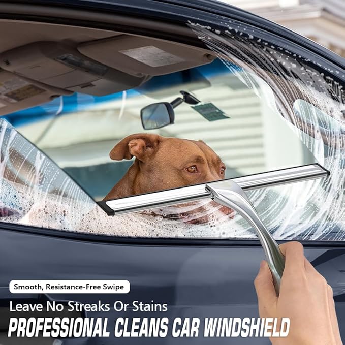 OVSGTTZ Shower Squeegee for Glass Door with 3 Adhesive Hook, Stainless Steel Glass Cleaning Squeegee for Bathroom & Household Window, Mirrors, Tiles and Car, 10 Inches, Clear, Silver