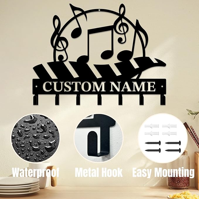 Personalized Custom Music Wall Hooks,Metal Music Room Art Clothes Hooks,Metal Music Wall Home Storage Decorative,For Front Door, Hallway, Kitchen, Bedroom,Keys,Hats (Style M)