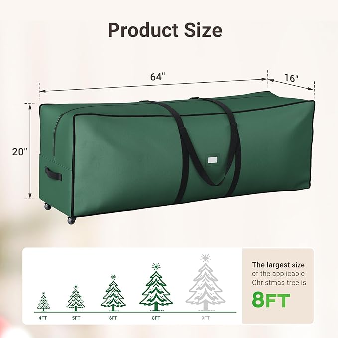 ELYKEN Christmas Tree Storage Bag with Wheels, Rolling Storage Bag for Artificial Christmas Tree and Decorations, Heavy Duty 600D Oxford Fabric, Length-Adjustable Handles, 16x20x64in, Green