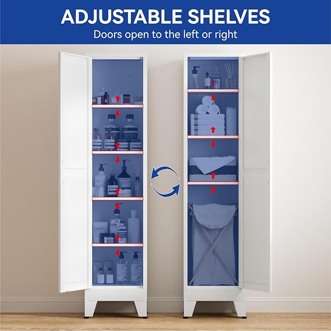 COFaR 67'' Tall Slim Bathroom Storage Cabinet, Metal Narrow Pantry Cabinet with 4 Adjustable Shelves and One Door, Skinny Cabinet Storage for Kitchen Laundry, White Farmhouse 5 Tiers