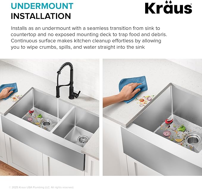Kraus KHF203-36 Standart PRO Kitchen Stainless Steel Sink, 36 Inch Round Apron 60/40 Double Bowl
