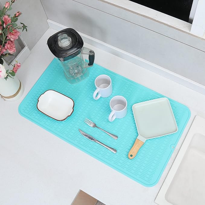 MicoYang Silicone Dish Drying Mat for Multiple Usage,Easy clean,Eco-friendly,Heat-resistant Silicone Mat for Kitchen Counter or Sink,Refrigerator or Drawer Liner Mint 4XL 32 inches x 18 inches