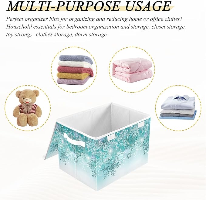 Senya Collapsible Storage Bins with Lids, Silver Winter Teal Turquoise Snowflakes Christmas Storage Boxes Clothes Baskets for Organizing