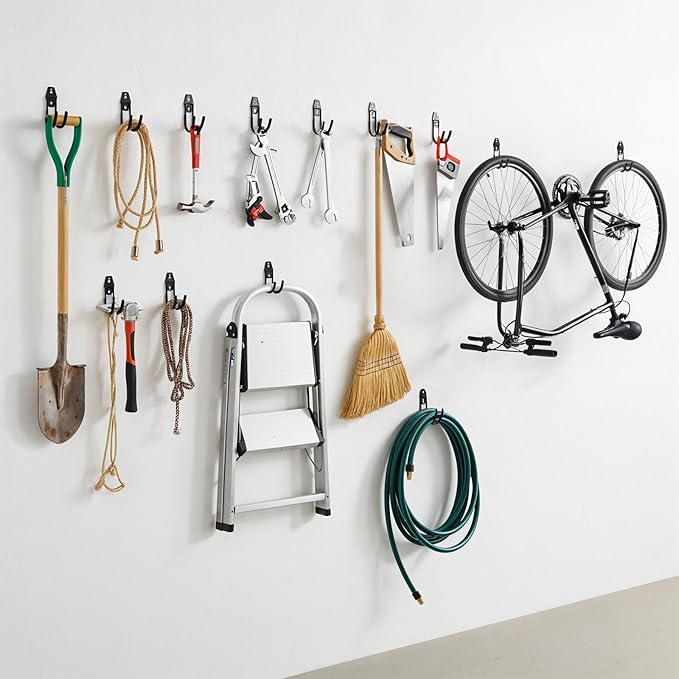 Garage Tool Hooks Wall Mount, 6 Pack Heavy Duty Storage Hooks for Garden Tools, Wall Hook for Garden Hoses, Brooms, Ladders, Garage Storage and Organization Accessories with 24 sets of screws
