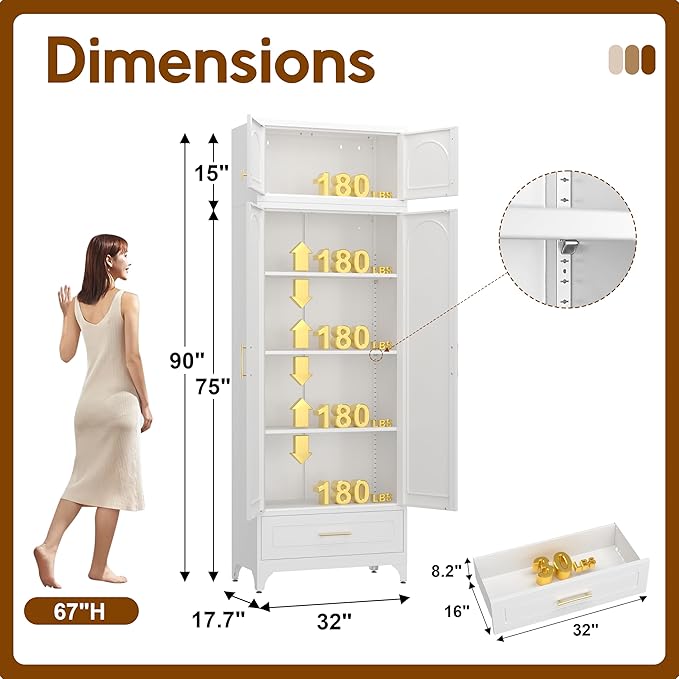 90" Pantry Kitchen Cabinet with Drawer, 75" Pantry Cabinets with 15" Cabinets, Freestanding Kitchen Storage Cabinet for Dining Room, Living Room, Alacena para Cocina, Assembly Required, White