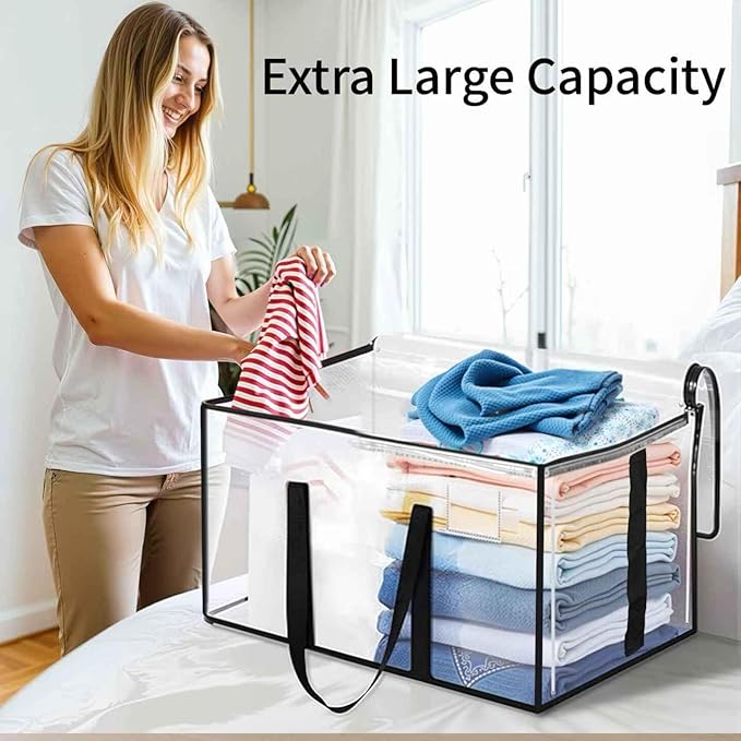 12 Pack-Extra Large Heavy Duty Moving Bags - Waterproof Storage Totes with Handles & Zippers, Foldable for College Dorm, Storage (Clear)