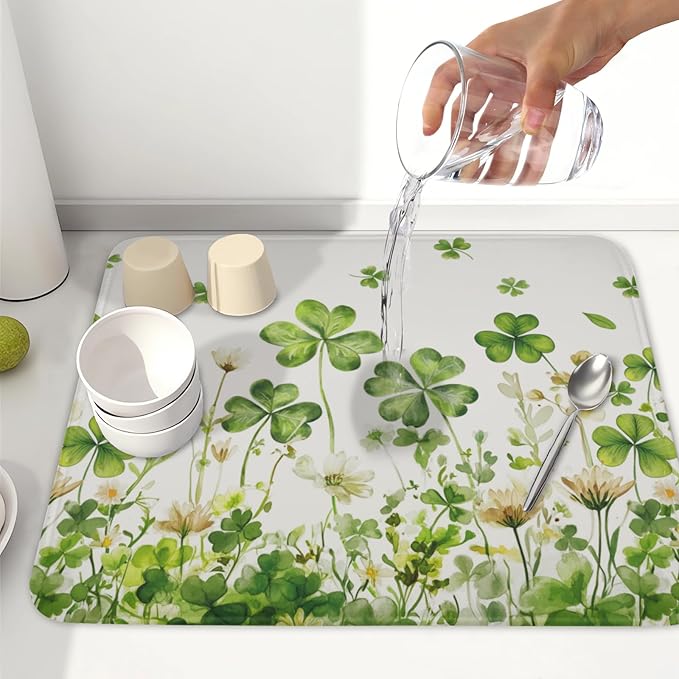ABSOP St Patrick's Day Dish Drying Mat 16 x 18 Inch Green Clover Dish Drainer Rack Mat Absorbent Microfiber Mats for Shamrock Dish Pad Spring Lucky Dish Pad for Kitchen Bar Decor