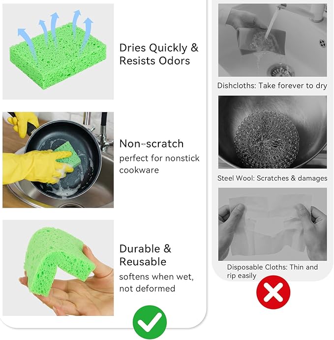 Mkobon 6 Pcs Kitchen Sponges for Dishes Cleaning, Non Scratch for Non Stick Cookware, Compressed Natural Cellulose Sponges, Dish Washing Scrubbers, Scrubbing Pads for Household, Bathroom (Green)