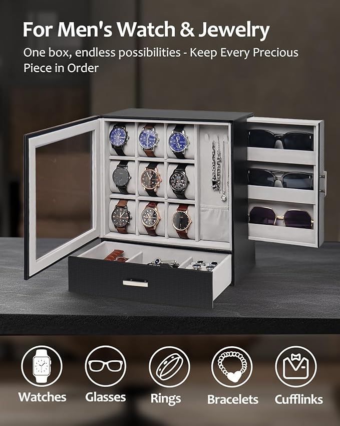 Jenseits 9-Slot Watch Box, Mens Jewelry Box with Glass Lid and Drawer, Leather Watch Organizer for Watches, Sunglasses, Vertical Watch Case Holder for Men Women, Gift Idea