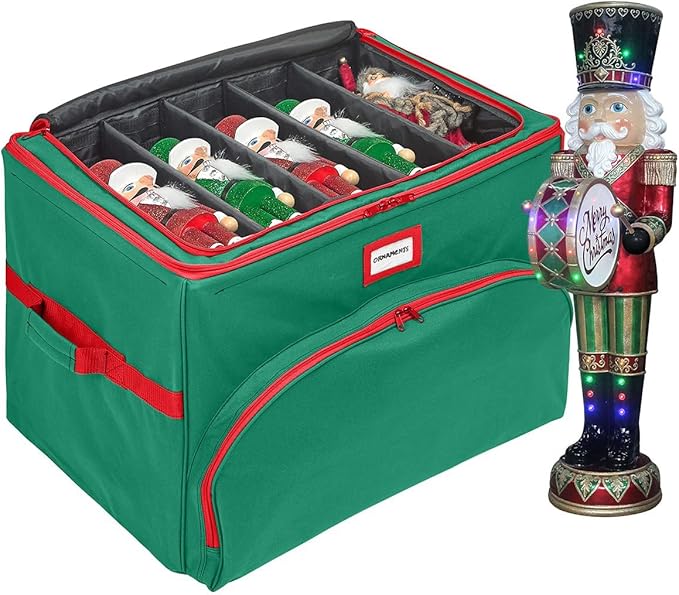 Christmas Nutcracker and Figurine Collectible Storage Box - Holds Up to 72 Ornaments 4” x 4” - Top Adjustable Compartments for Figurines, Nutcrackers, etc - Heavy Duty 600D/ Inside PVC Material, Green