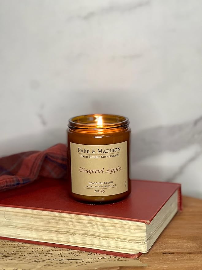 Park & Madison Gingered Apples Soy Candle - Apples Mimosa Scented Candle | Hand-Poured Amber Jar Candle with Black Lid | Fruit Scented Fall Candle | Eco-Friendly, Phthalate-Free, Non-Toxic (4 oz)