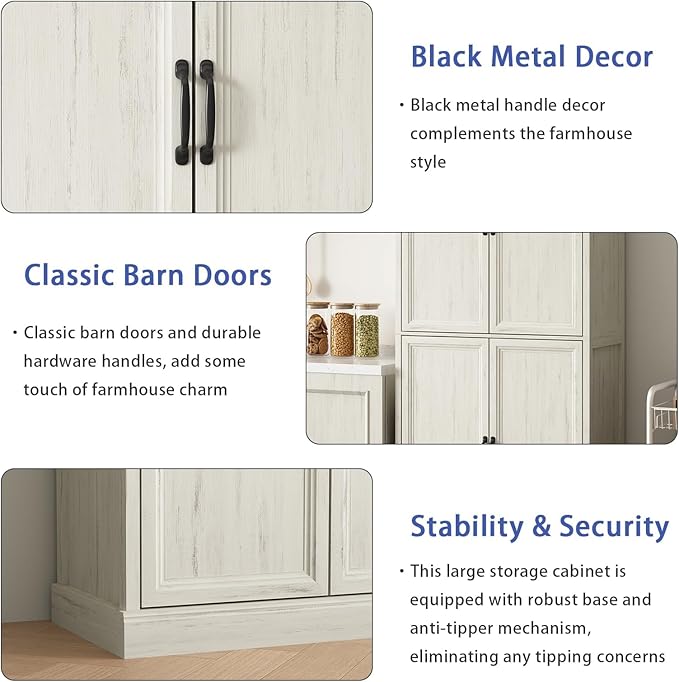 71'' Tall Pantry Cabinet Set of 2, Farmhouse Kitchen Pantry Storage Cabinet with Barn Door and Adjustable Shelves, Rustic White Wood Freestanding Cupboard for Kitchen, Dining Room