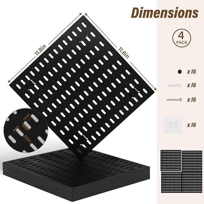 AKTOP Peg Board Wall Organizer 4-Pack – 12"x12" Black Pegboard Panels for Walls, Plastic Desk Wall Mount Tool Organization for Home, Office, Garage Tool Storage & Craft Room