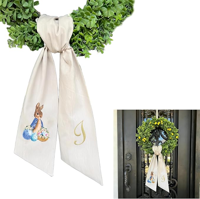 Rabbit Easter Wreath Bow Custom Embroidered Monogram Spring Bunny Wreath Sash for Front Door Hand Tailored Easter Decorations Spring Bows for Wreaths (I)