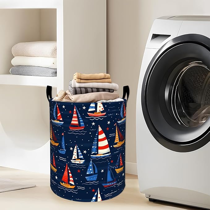 Colorful Sailboat Stars Waves Night Sky Laundry Basket with Handles, 19.7"x15.7" Clothes Foldable Laundry Hamper Organizer for Dorm Nursery Bedroom Bathroom Decor, Toy Storage Bin for Kids