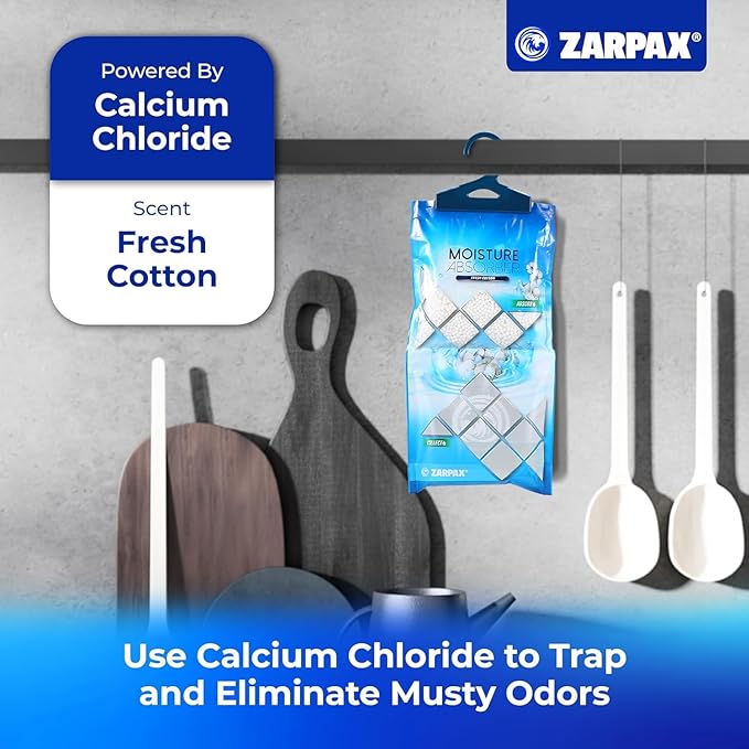 ZARPAX Hanging Moisture Absorber Fresh Cotton 10.6 oz/300g | Moisture Absorbing Bags for Bathroom, Closet, Kitchen & Vehicles | Removes Moisture, Humidity & Odors | Portable Dehumidifier | Set Of 10