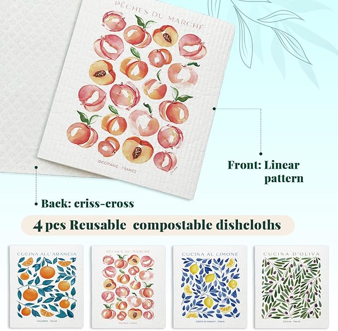 LARTSFRO Swedish Dishcloths for Kitchen, Papaya Reusable Paper Towels Washable, Cucina Doliva Oranges Peach Lemon Swedish DishCloths for Friut, 4 Pack Dish Towels for Kitchen