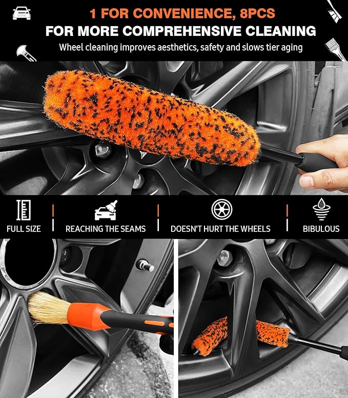 YeewayVeh 8PCS Ultimate Wheel and Tire Brush Kit | 2-Size 360° Bendable Wheel Brushes, Boar Hair Detailing Brush, Tire Shine Applicators & Microfiber Towel, Car Wheel Detailing Cleaning Supplies Kit