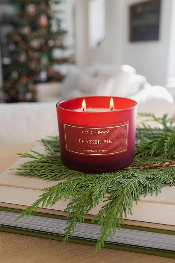 Sand + Paws Scented Candle - Frazier Fir - Additional Scents and Sizes –Luxurious Air Freshening Jar Candles Neutralize pet Odors and Enhance Home décor – 100% Cotton Lead-Free Wicks - 12 oz