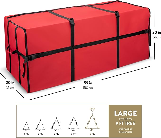 ZOBER Wide Christmas Tree Storage Bag - Maximum Accessibility - Fits 9 Ft Trees - 600D Oxford Fabric Christmas Tree Bag For Storage Box For Xmas - Strong, Durable Straps & Handles - Card Slot - Red