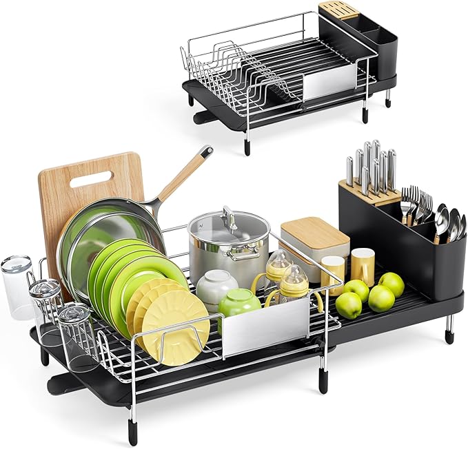 Urackify Large Dish Drying Rack - 304 Stainless Steel Dish Rack for Kitchen Counter, Extendable Dish Drainers with Cutlery & Cup Holders, Black