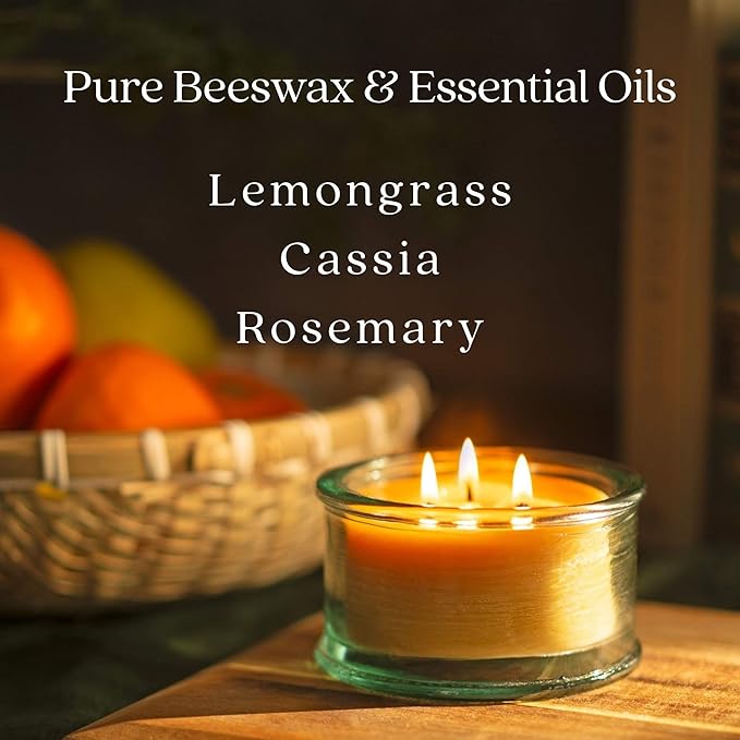 Bluecorn Beeswax 3-Wick Candle, 100% Pure Bees Wax, Lemongrass Cassia & Rosemary Essential Oil Candle Wax, Clean Burning, Long Lasting, Gifts for Women & Men, American Made, 10 Oz