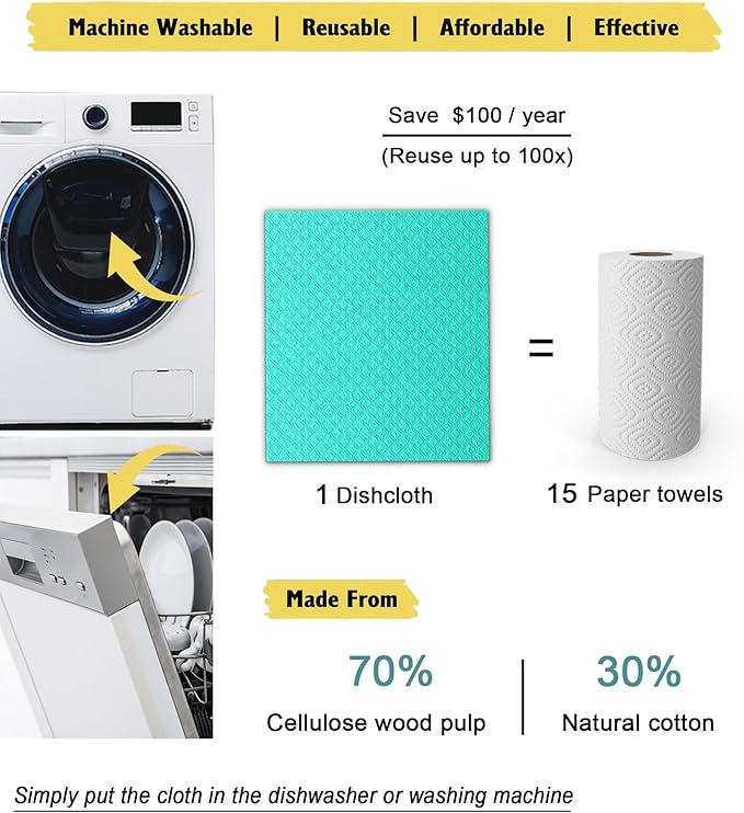 MoLKENE Swedish Dishcloths for Kitchen | 6 Pack Absorbent Cellulose Sponge Cloths Washable | Non-Scratch Reusable Paper Towels Quick Drying Cleaning Cloths - Green