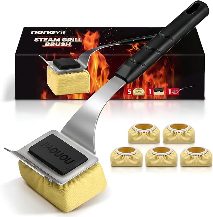 nonoYif Grill Brush Bristle Free + 5 Replaceable Pads, Grill Cleaner Brush for Outdoor Grill, Steam Grill Brush and Scraper for Cast Iron/Stainless Steel Grates, BBQ Grill Brush, Gift for Men Dad