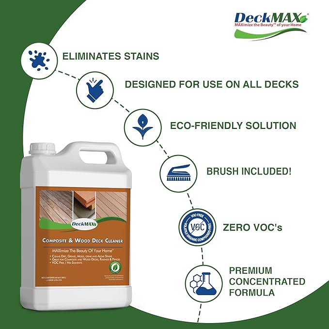 DeckMax Premium Deck Cleaner Kit | Deck Cleaner and Mildew Remover | Cleans up to 1,500 Sq. Ft. | Safe for Trex, Timbertech & Wood Decking | Powerful & Eco-Friendly Deck's Cleaning Solution