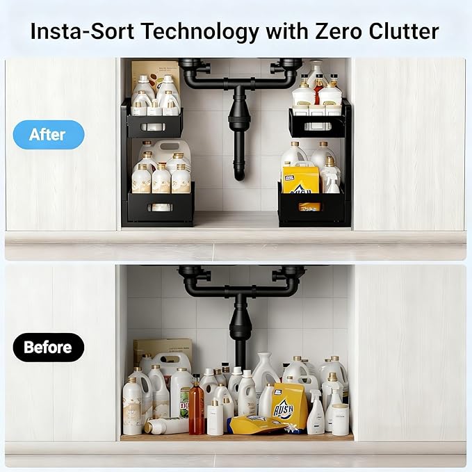 UINOFLE Under Sink Organizer, Adjustable Height 2 Tier Under Sink Organizers and Storage Multi-Purpose Under Sink Storage for Bathroom Kitchen