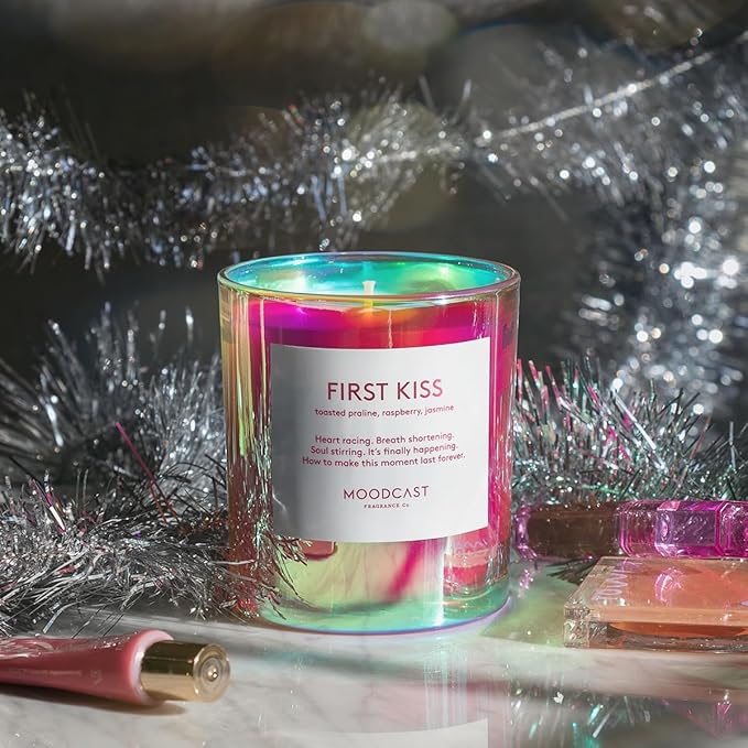 Moodcast First Kiss Scented Candle - Aesthetic Candle for Home, Jasmine, Raspberry & Toasted Praline, Clean Coco Wax Blend, Vegan, Paraben Free, 45-Hour Long Lasting Burn - 8oz