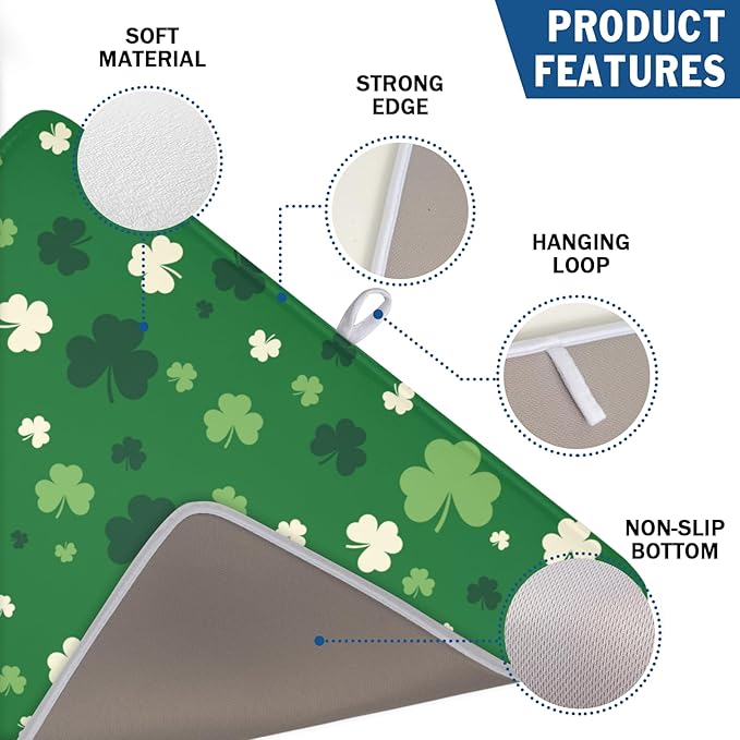 Wnoesat Green Shamrock St. Patrick's Day Dish Drying Mat for Kitchen Counter Lucky Clover large Dish Drying Pad Absorbent Reversible Microfiber Draining Pad Washable Drying Mats 18x24 Inch