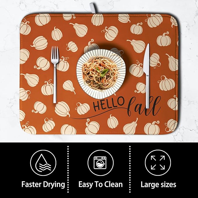 Kwlegh Hello Fall Drying Mat for Kitchen Counter Autumn Orange Pumpkin Dry Dish Mat Thanksgiving Absorbent Microfiber Dish Draining Washable Dish Drainer Rack Mat Large 18x24 Inch