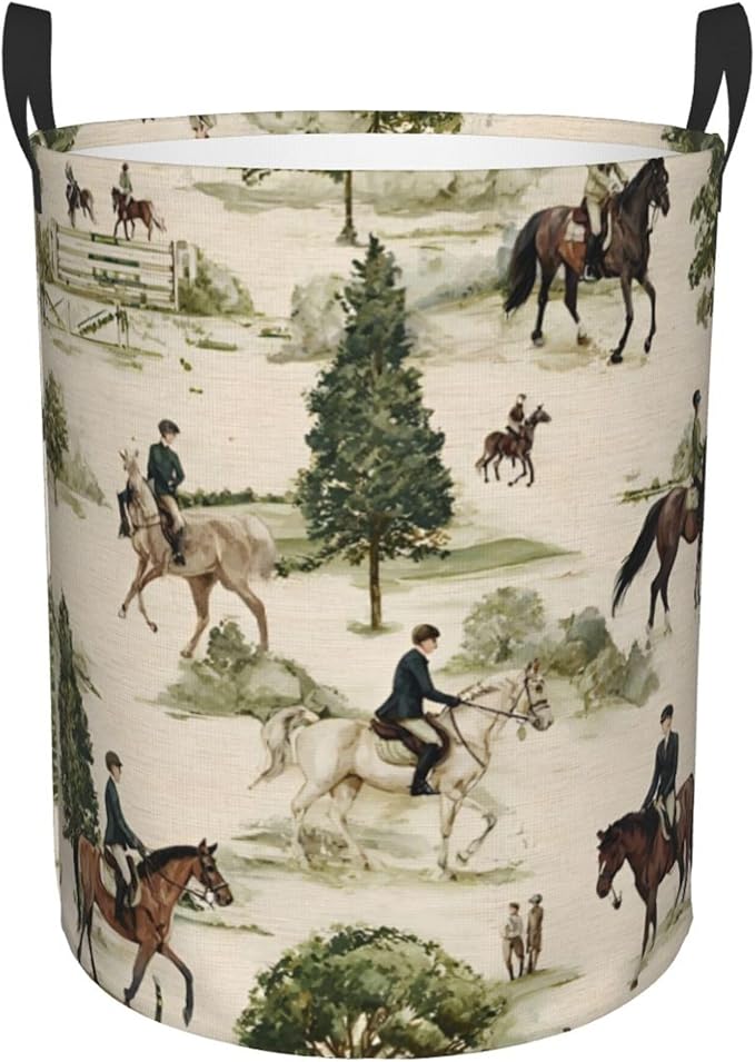 Laundry Hamper with Handles, Horse Riding Pattern, Collapsible Storage Basket, 15.7x19.6 inches (Vintage Equestrian Horse Racing)