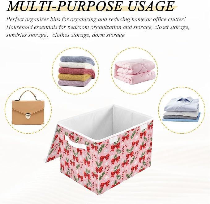 Christmas Bow Candy Snowflake Storage Bins with Lids Foldable Storage Basket with Handles Collapsible Large Fabric Organizer Containers for Clothes Shelves Closet Office Home