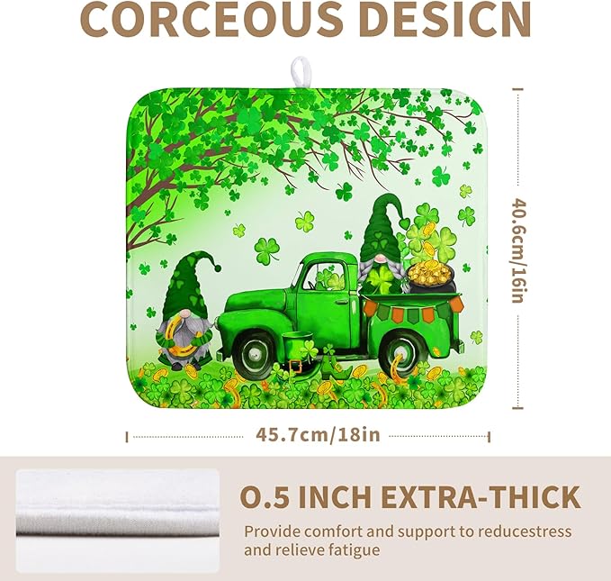 Kwlegh St Patricks Day Shamrock Drying Mat for Kitchen Counter Green Gnome Truck Dishes Drying Mat St. Patricks Day Spring Washable Dish Drying Pad Absorbent Microfiber Dishes Drainer Mats 16x18 Inch