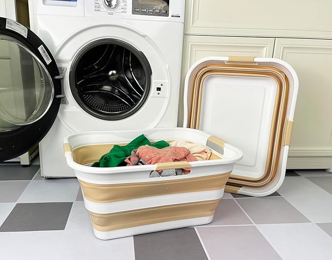 SAMMART 42 (11 Gallons) Collapsible Plastic Laundry Basket, Foldable Pop Up Storage Container/Organizer, Space Saving Hamper, Portable Bin for Dorm Room Bathroom (2, White/Beige)
