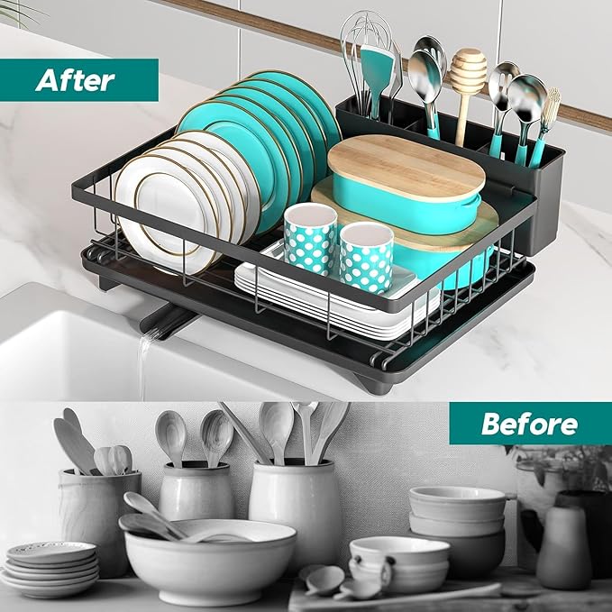MERRYBOX Dish Drying Rack Large Capacity 2 Tier Dish Drying Rack Multifunctional Rustproof Dish Racks for Kitchen Counter with Large Utensil Holder, Cup Holder, Black