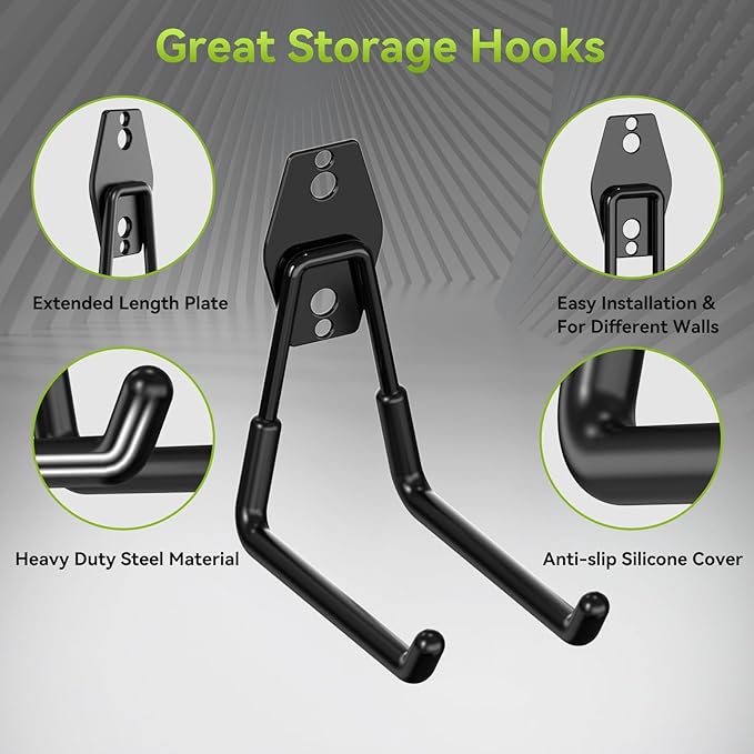 18 Pack Garage Hooks Heavy Duty, Utility Steel Garage Storage Hooks, Garage Organization System with Anti-Slip Wall Mount Hangers for Hanging Bike, Ladder, Garden Tools (Black)