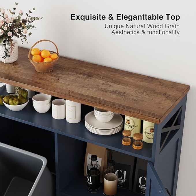 Tilt Out Trash Can Cabinet for 13 * 1 Gallon Trash Can, Farmhouse Kitchen Island Cabinet with Adjustable Shelf for Hidden Laundry Basket, Dog Proof Garbage Can for Dining Living Room, Blue