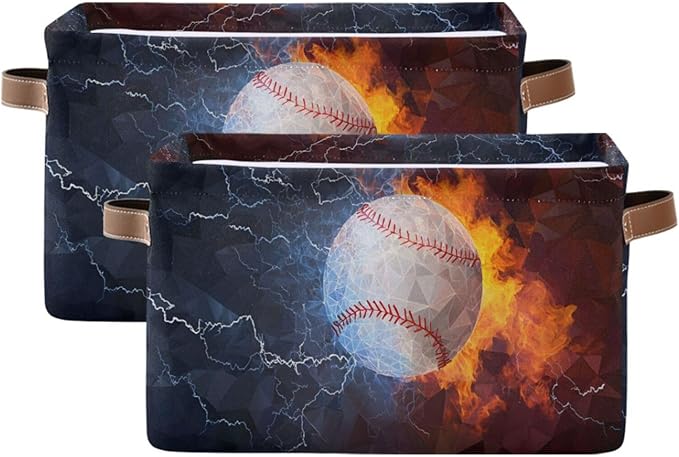ALAZA Funny Baseball Ball Fire Water Foldable Storage Box Storage Basket Organizer Bins with Handles for Shelf Closet Living Room Bedroom Home Office 1 Pack
