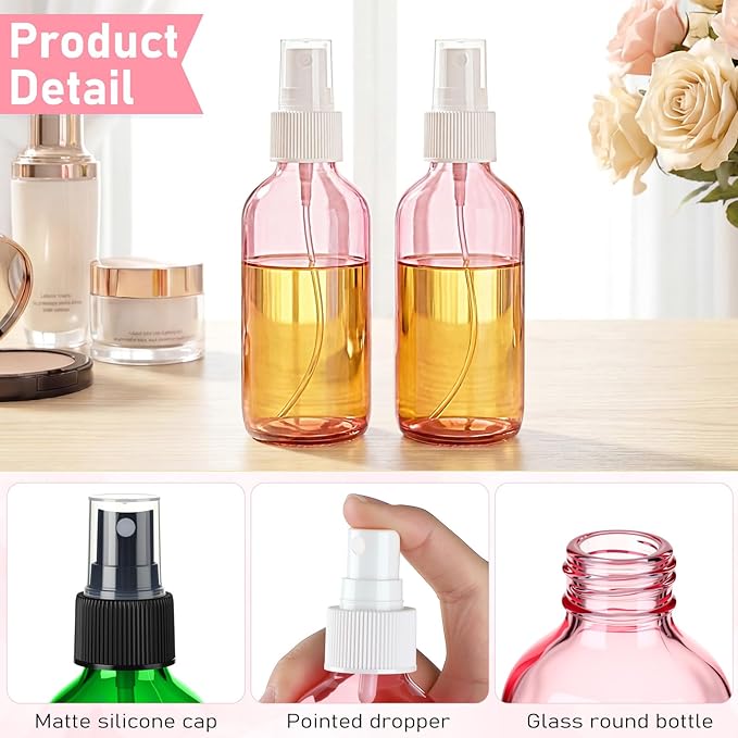 Nuogo 50 Pieces Mini Glass Spray Bottles Bulk 4 Oz Fine Mist Bottles with Funnel Dropper and Cleaning Brush Refillable for Essential Oils, Perfumes and Aromatherapy (Pink)