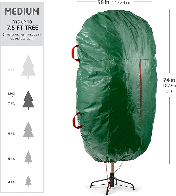 ZOBER Upright Christmas Tree Storage Bag With Drawstring Hem- Fits 7.5 Ft Trees - Plastic, Waterproof Christmas Tree Bag For Storage Box For Xmas - Strong, Durable Handles - Green