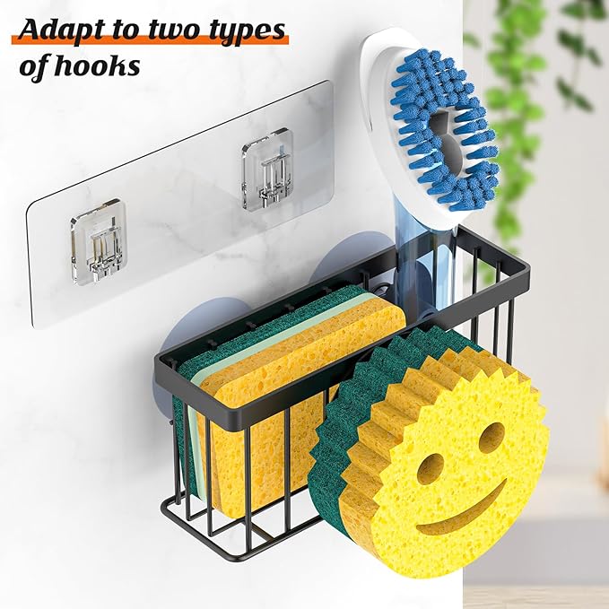 MURLONG Sponge Holder Smiley Face, Sink Caddy for kitchen Sink, Kitchen Organizer Sponge Holder with 2 PCS Suction Cups/1 PCS Adhesive Strips, Designed for Sponge, Soap, Dish brush, Scrubber-Black