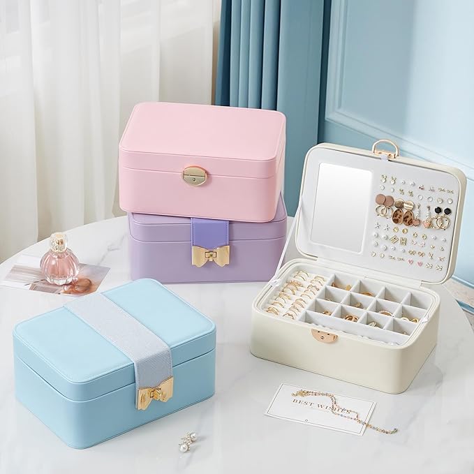 Lolalet 2 Layer Jewelry Box for Teen Girls & Young Women, Jewelry Organizer Case with Bow Clasp and Mirror for Earrings Rings Necklaces Storage, Gift Idea -Blue