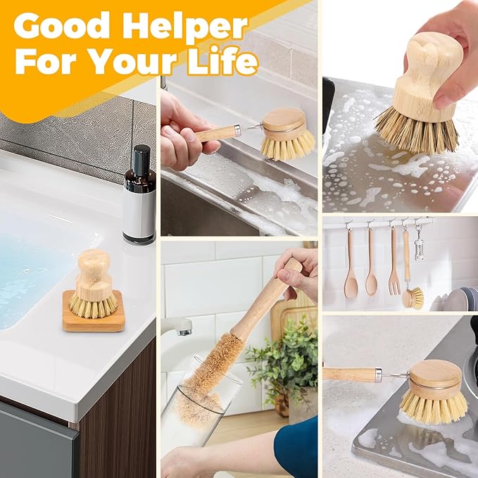 5 Pcs Bamboo Dish Brush Set Practical Dish Cleaning Brush Set Multifunctional Dish Washing Brush Set Ergonomic Kitchen Brush Set for Kitchen Cleaning Pots Pans Dishes