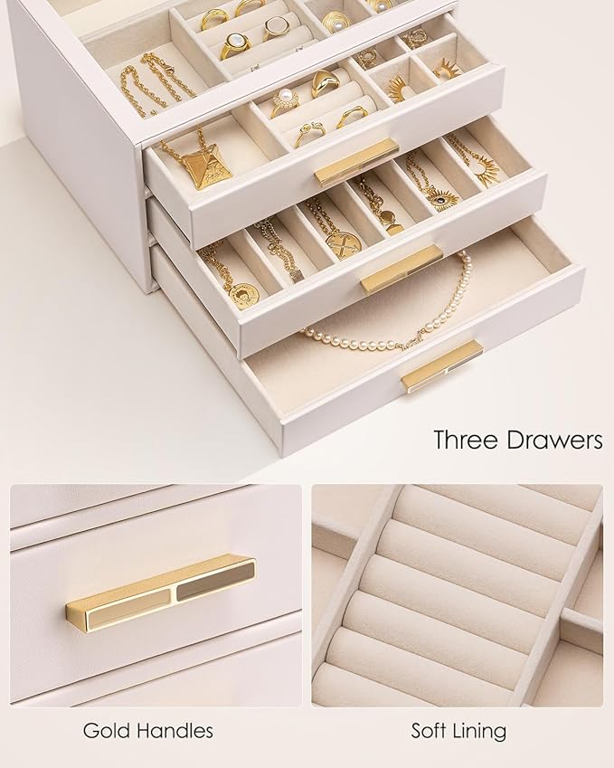 Vlando Jewelry Box for Women Girls,Jewelry Organzier,3 Drawers,Glass Lid Jewelry Organizer Storage for Gem Diamond Necklaces Rings Earrings Bracelets Apricot White