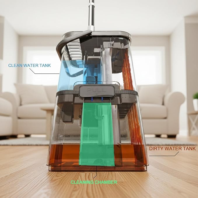 Mop and Bucket with Wringer Set, Flat Floor Mop and Bucket System with Separate Clean Dirty Water, Self Wringing Microfiber Dust Mop for Hardwood Floors, Kitchen, Wall Cleaner - Includes 4 Pads